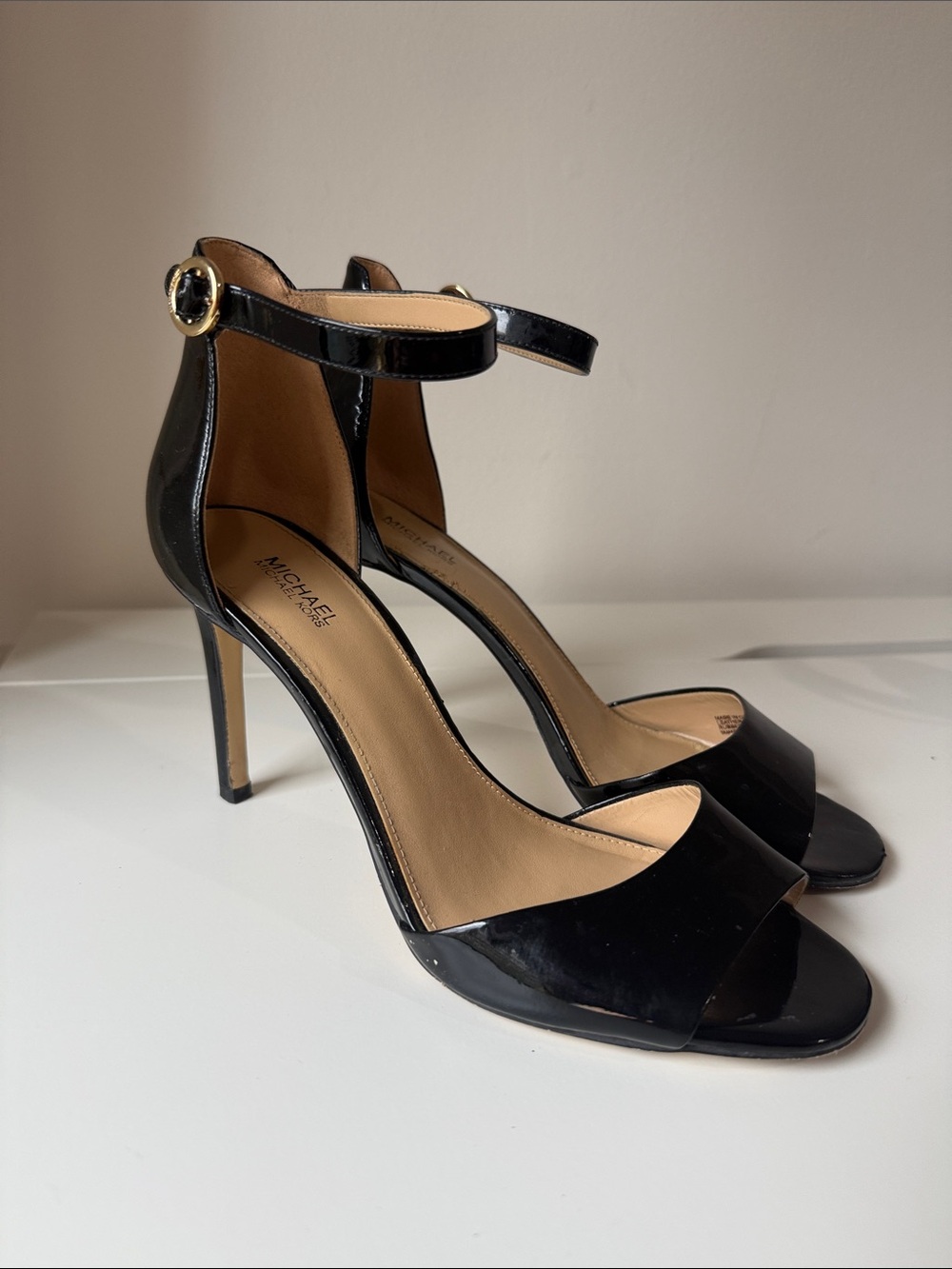 Michael Kora Black Patent Ankle-Strap Open-Toe Heels